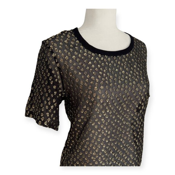 Saint Laurent Black Gold Metallic Polka Dot Sheer Tee - Picture 4 of 12